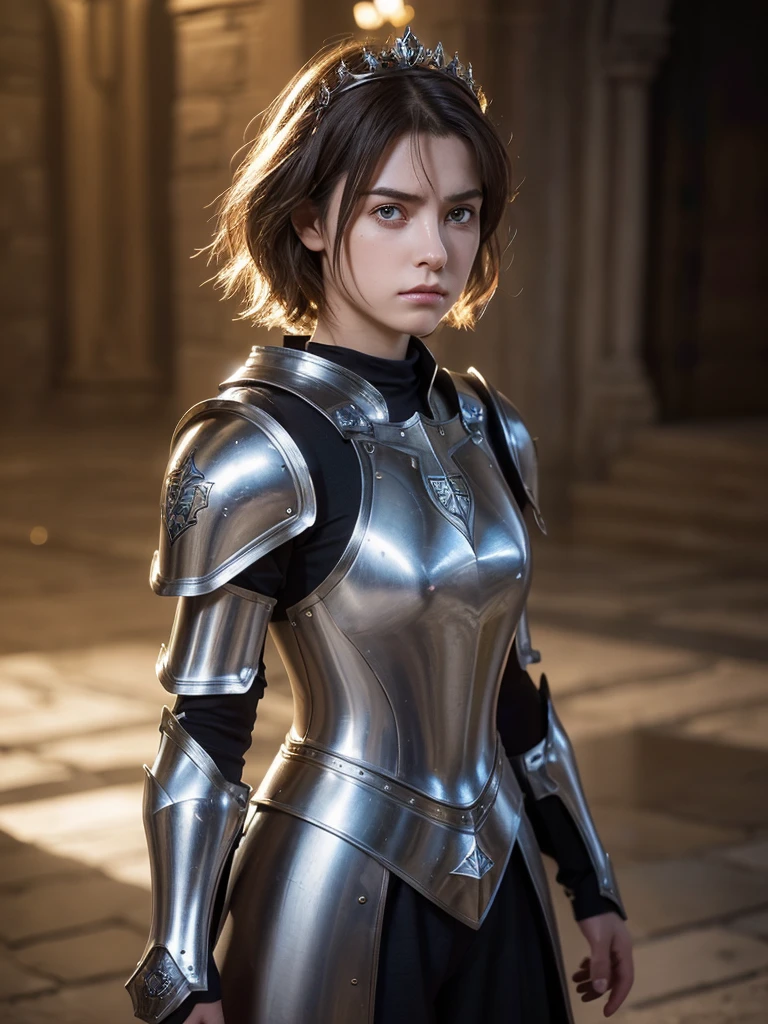 Masterpiece,Best quality,High resolution,8K,((Portrait)),(Head close-up),Original photo,Real photo,Digital photo,(Female adventurer in medieval fantasy),(Medieval female warrior in fantasy style),20 years old girl,((Short gray hair)),((Eyes red,Devil's eyes),Jewelry,Shut up,Beautiful elegant,((Frowning face, angry))),Arrogant,Noble and charming,(fantasy battle suit,Fancy battle armor,Knight's gorgeous armor,Metal luster,Delicate magical insignia),(Devil's body),Crown,(Battle girl),Pose for photo,Medieval personality style,Night,Ancient city background,OC render reflection texture
Translated with DeepL.com (free version)