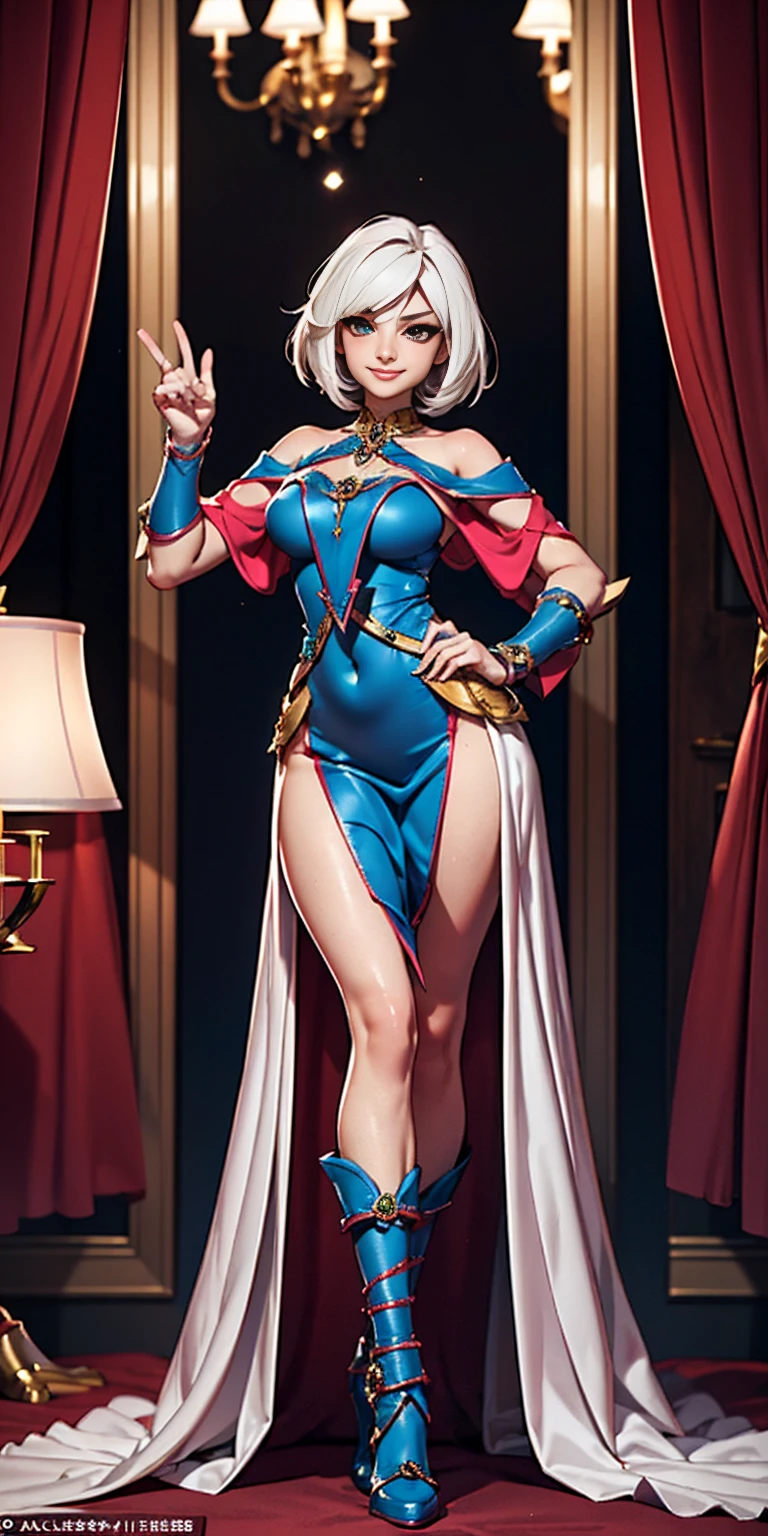 Setting: Royal bedroom - Grand, opulent, with rich fabrics and tapestries Character: Appearance: White hair - Short, styled in a sharp bob Full figure - Curvaceous Attire: High boots - Leather, reaching up the calves Elegant outfit - Befitting the royal setting (consider a dress, gown, or ensemble) Red tattoo - Delicate design on the navel Face - A confident smirk plays on her lips, eyes sparkling with amusement Pose: Full body - Standing tall Hands - Resting on hips in a commanding posture Additional details: (add to the background a four-poster bed, a plush rug, ornate furniture)