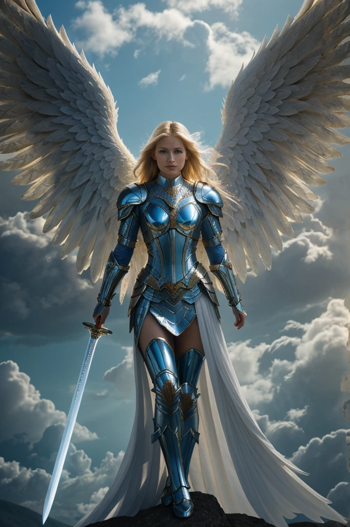 real, real photo, intricate details. A pretty woman, angel in heavenly armor, Blonde, has big wings, He carries a thin, shiny blue sword.. She is standing on the top of a mountain and in the background you can see the majestic sky surrounded by clouds.