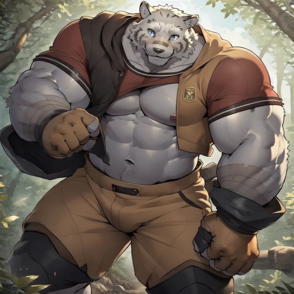 Animal kingdom Tank Hero Academia Shonen Anime style, full body image, Casual, neighborhood style, big obese , in sport clothes, He is a huge obese Sumo in huge obese weight gain process, detailed face, detailed eyes, detailed nose, defined face, big belly, high resolution settings, settings to fix face, high resolution settings, face fix settings, Whismical model, detailed eyes, detailed hands best quality,realistic lighting, male, anthro,muscular, muscular male, solo, bodily fluids, abs, pecs, muscular anthro, hi res, nipples, detailed background, forest, (yohei:1.2), (perfect eyes:1.2),white fur, (ultra detailed paws), Wearing a thong