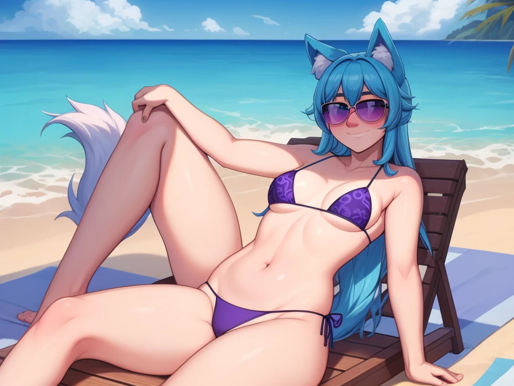 (Masterpiece) (High Detail) (High Res) A short  slim humanoid girl with pale human skin and blue eyes and long blue hair and blue dog ears and a fluffy blue dog tail and average breasts. She is sat in a deck chair on the beach and is wearing a deep purple bikini top and deep purple patterned bikini bottoms and a pair of sunglasses. She has blushing cheeks and looks cheerful.