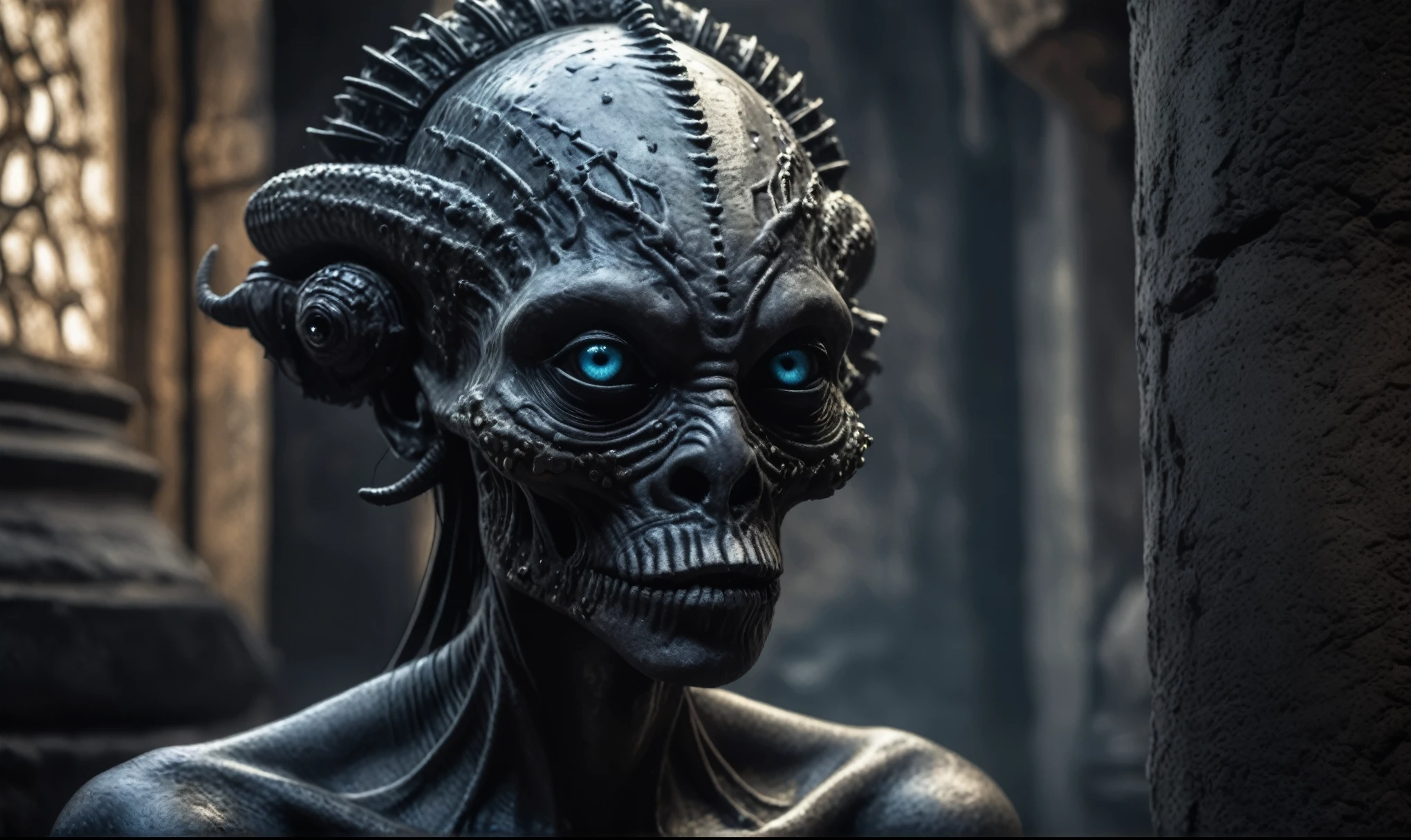 full body length shot,nerd graphite  Alien Entity,native africa slave ,nowadays azctec central city,Cinematic,soft colors, Technicolor,natural skin textures, hyper realism, hyper detailed,Extremely detailed,High contrast,Masterpiece,Realistic,Ultra Detailed, intricate details,realistic humid leather,extremely intricate details,Epic Realistic, cinematic style, irina yermolova,high contrast,hdr,extremely detailed, [deep night landscape],masterpiece, intricate details, eyes extremely detailed, high detailed eyes,8k resolution,retina, Nikon Z9,Korea,orc,Egypt, Pisces, transition between two art styles, Double contact, X-ray, Creative, vivid light, fantasy, Abstract, Surrealism, super detailed, high resolution,insanity national folk wear,skin  almost translucent, gothic elements, further emphasizing its dark air,Mestichino,Light particles,chaos,starfish's leather,Angkor Wat of Cambodia,"(The best lighting, dark, dramatic),(alien half-skull fetus, Hellraiser, Scars, , sexy, brain, , a rat inside the head, terror.),(terror eyes, calaveras). morning light.

