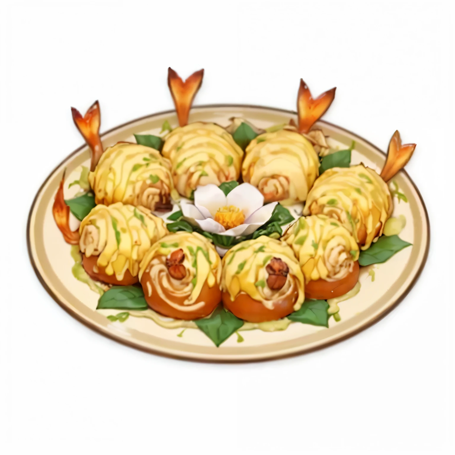 Close-up of a plate of food,There is a flower on it, ❤🔥🍄🌪, hasbulla, Squat, serve on a plate, Fantasy food, Game image, Cinnamon roll shape, Anime Food, cooked, Spaghetti, Monitor, Katagiichi, abalone, Hermit Crab Titan