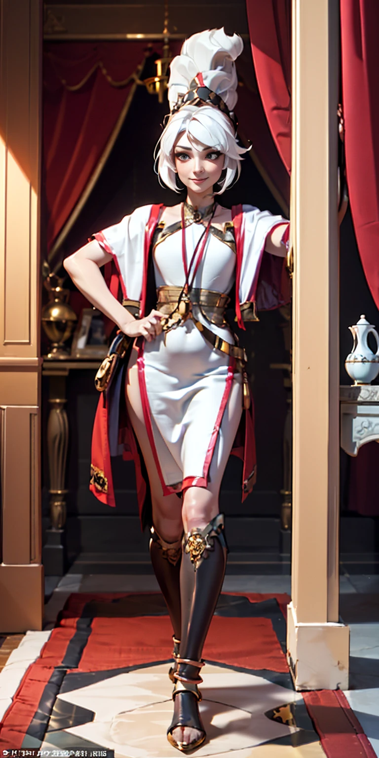 Setting: Royal bedroom - Grand, opulent, with rich fabrics and tapestries Character: Appearance: White hair - Short, styled in a sharp bob Full figure - Curvaceous Attire: High boots - Leather, reaching up the calves Elegant outfit - Befitting the royal setting (consider a dress, gown, or ensemble) Red tattoo - Delicate design on the navel Face - A confident smirk plays on her lips, eyes sparkling with amusement Pose: Full body - Standing tall Hands - Resting on hips in a commanding posture Additional details: (add to the background a four-poster bed, a plush rug, ornate furniture)