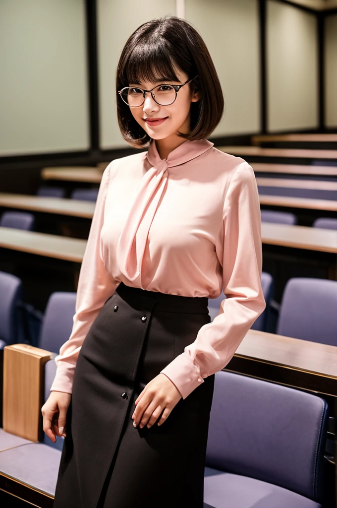 Adult feminine sex appeal、Sexy female scholar、University lecture hall, university psychology associate professor, ((full body)), ((photo)), ((best qualtiy, 8K, tmasterpiece:1.3)), Focus:1.2, perfect figure beautiful woman:1.41woman, cowboy shot, look at viewer, eyes facing the camera, incredibly absurd, beautiful and cute woman with a photorealistic face, showcasing top-quality craftsmanship, A Japanese woman giving a lecture at a university lecture hall, 27 years old, with a bob cut and flipped hair, short bangs swept at an angle, smooth and shiny hair, natural hairline, fair and smooth skin, plump and healthy cheeks, large, jet black eyes, round eyes, long and upward-facing eyelashes, double eyelids, thin and straight eyebrows, small and round nose, plump lips, upturned corners of the mouth, charming smile, cute face, glamorous, well-balanced proportions, tall, beautiful D-cup breasts, silver-rimmed glasses, pink blouse, black tight skirt, fashion with a waist-marked silhouette, scarf, heeled shoes, vanilla perfume, beautiful, pretty older woman, glasses suit her, knowledgeable, playful, curious, smart, elegant, November