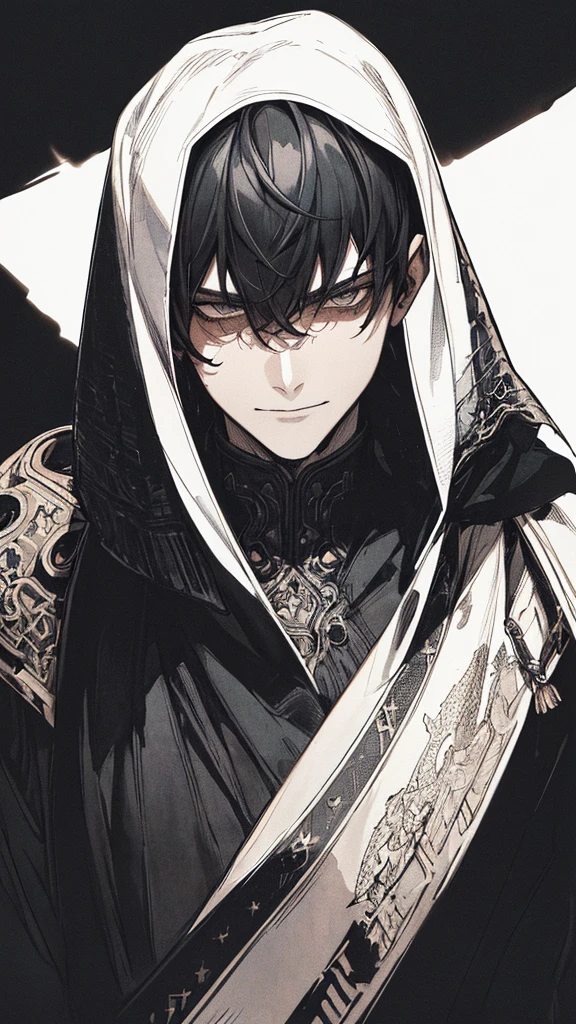 Best quality, (background_detail), high_contrast, detail_original_illustration, warrior, muscular, villain face, armored, full_body, medieval, crease between eyes, young man, man in 20s, dark_stitch_landscape, (dramatic_lighting:1. 25), (shaded_background:1.2), black_hair, (short black hair:) 1.1 ), Large figure, Delicate face, Evil smile, Sharp eyes, Black background, (Black background:1.5), Beautiful line drawing, Black and white