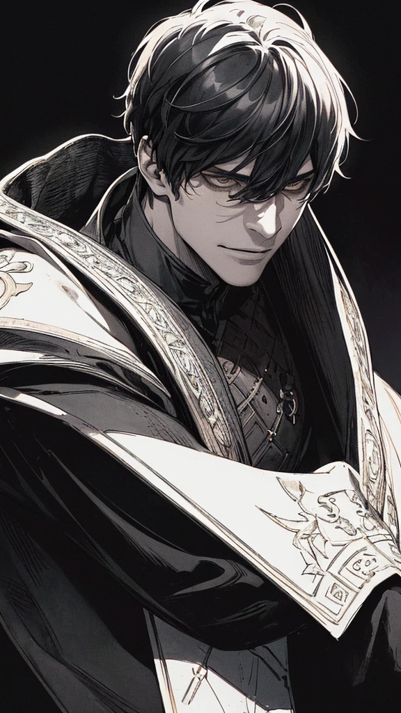 Best quality, (background_detail), high_contrast, detail_original_illustration, warrior, muscular, villain face, armored, full_body, medieval, crease between eyes, young man, man in 20s, dark_stitch_landscape, (dramatic_lighting:1. 25), (shaded_background:1.2), black_hair, (short black hair:) 1.1 ), Large figure, Delicate face, Evil smile, Sharp eyes, Black background, (Black background:1.5), Beautiful line drawing, Black and white