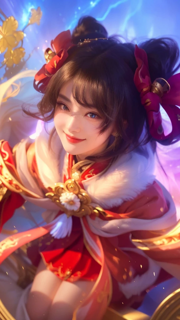 a  in a red dress, close up, onmyoji portrait, beautiful celestial mage, extremely detailed facial features, piercing eyes, radiant smile, flawless porcelain skin, regal expression, intricate ornate headdress, flowing celestial robes, ethereal glowing energy, dramatic lighting, cinematic composition, vibrant saturated colors, digital painting, masterpiece, photorealistic, 8k, hyper detailed