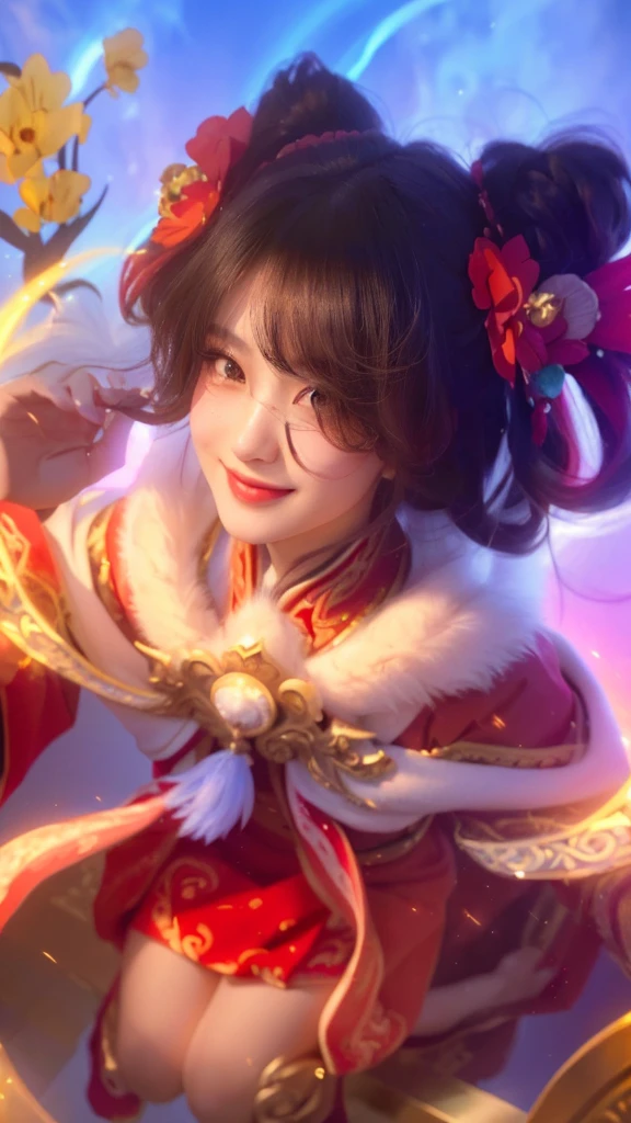 a in a red dress, close up, onmyoji portrait, beautiful celestial mage, extremely detailed facial features, piercing eyes, radiant smile, flawless porcelain skin, regal expression, intricate ornate headdress, flowing celestial robes, ethereal glowing energy, dramatic lighting, cinematic composition, vibrant saturated colors, digital painting, masterpiece, photorealistic, 8k, hyper detailed