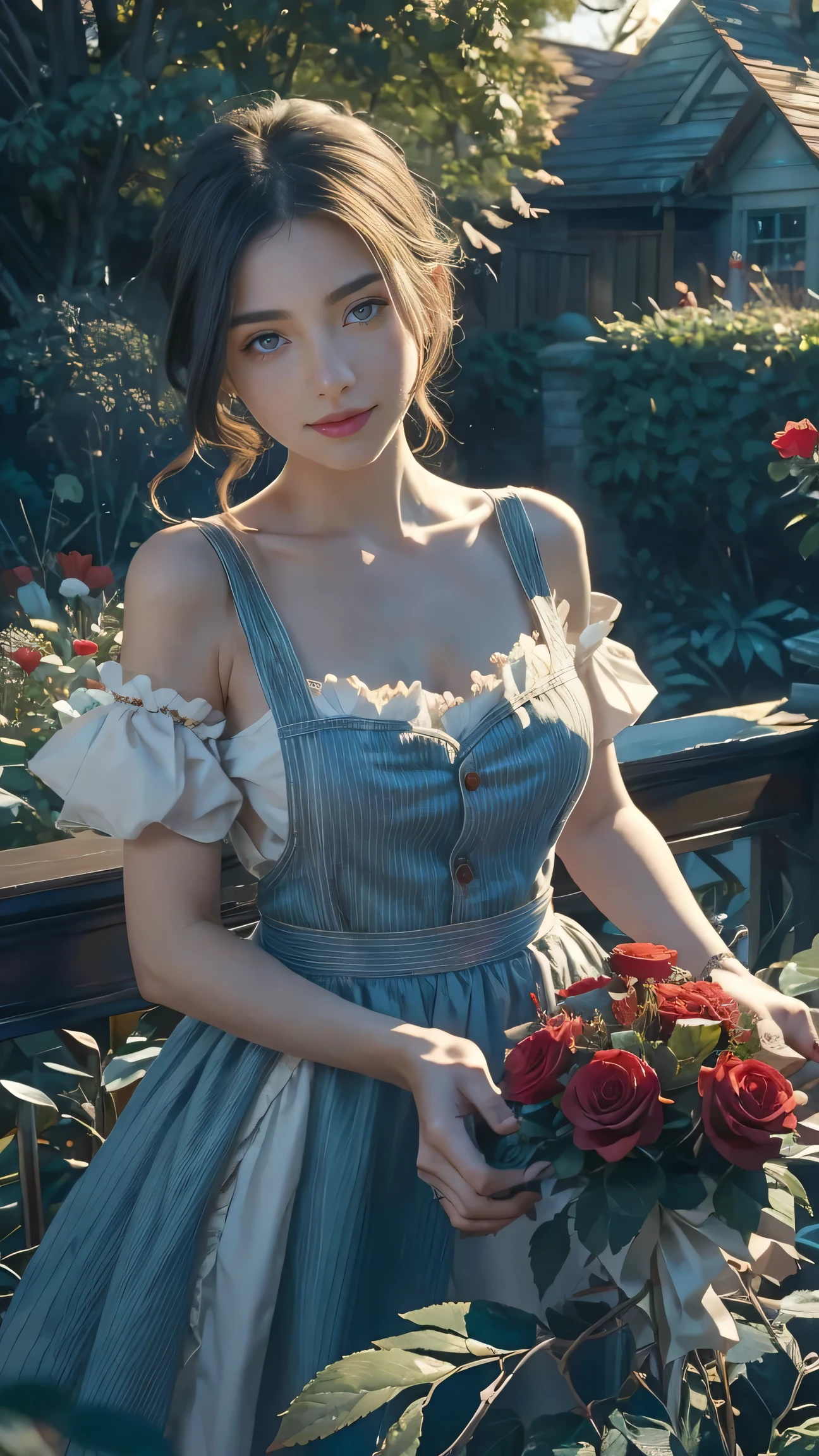 In the heart of the wonderland world a young beautiful girl with short rainbow and white hair, florist clothing and rose apron. cutting red roses from her magical garden. curiosity, loving pose, in wonderland world, creates a loving atmosphere, energy and magic around her. The angle of the scene is dynamic, capturing the intensity of the moment, fine quality green eyes, eyes looking at the camera, ultra detailed, Beautiful and aesthetically pleasing, masterpiece, Best quality score, (fractal art: 1.3), Extremely detailed , dynamic angle, raytraced, middle body, close up, particles and hard lights, beautiful red roses