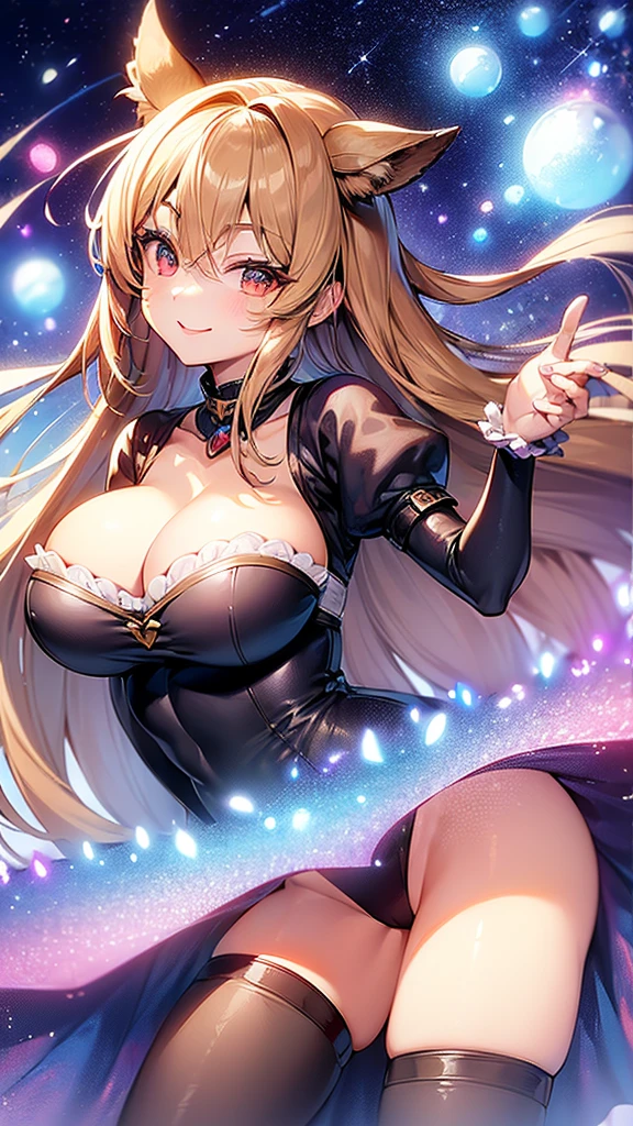 ((Highest quality、、masterpiece:1.3)), Upper Body、Long legs、Sharp focus:1.2, Beautiful woman with perfect figure:1.4、((Big Breasts:1.2)), (Big Breasts、Soft looking big ass、Feminine body 、Smiling:1.2), Face and skin texture crafted to the smallest detail、Fine-grained、double eyelid、25-year-old female、sexly、((((Cosplay、Isekai background、Fantasy、Magical World、Brave))))