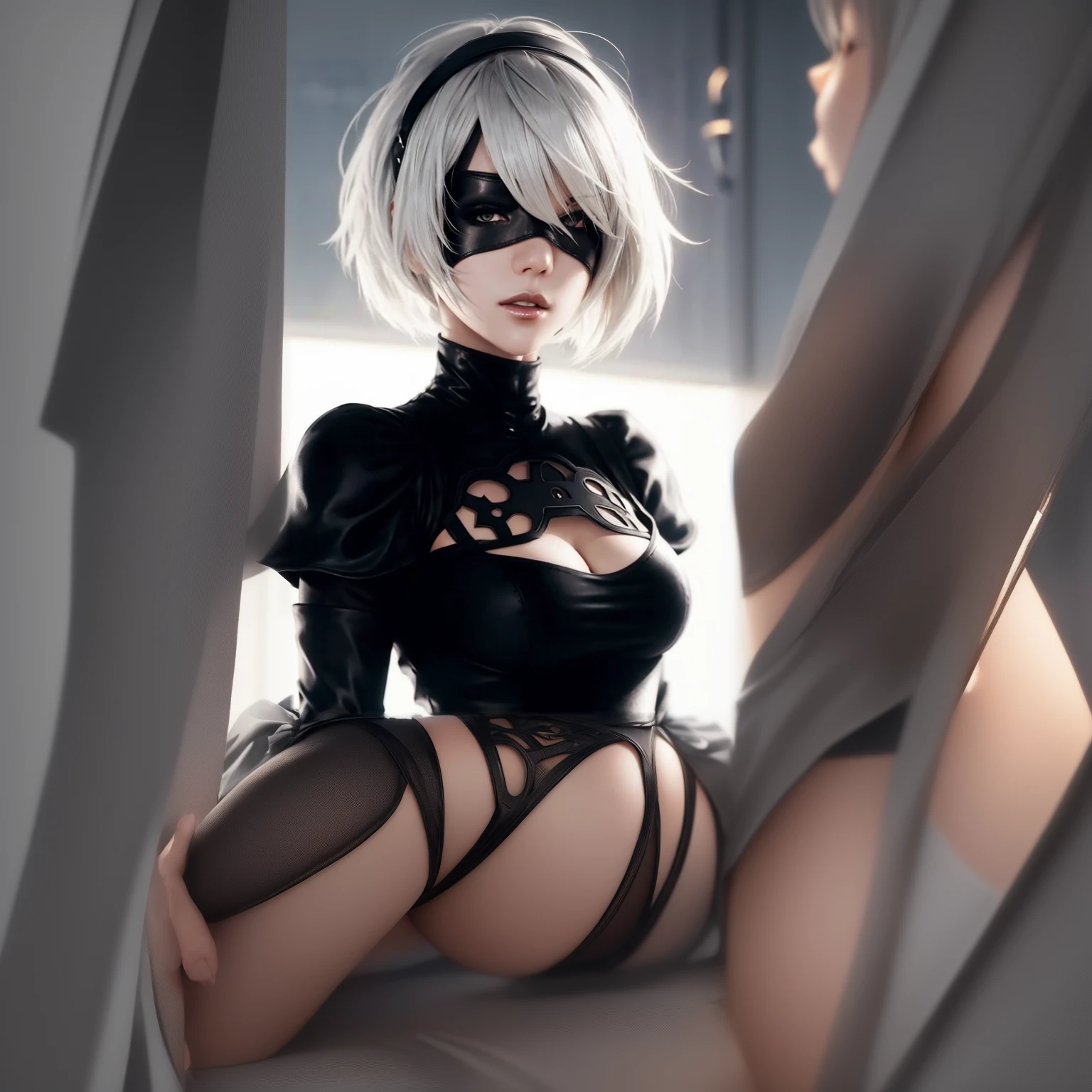 Close-up of a woman in a black dress and black stockings、ニーアオートマタの2b、2b、2b、ニーアオートマタの2b、2bニーアオートマタ、Beautiful seductive anime woman、Enchanting anime girl、Beautiful anime girl squatting、Young J、Highly detailed art gallery、8K high quality detailed art