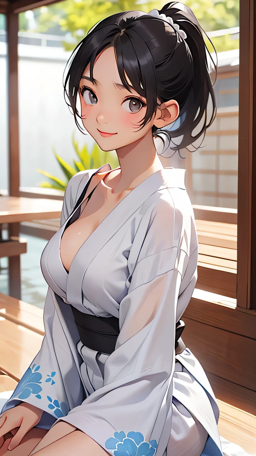 highest quality、Realistic、woman、summer night、Gray Eyes、ponytail、all back、Black Hair、Light blue yukata、Open yukata、Tanned black body、Tan Skin、Brown black skin、Dark skin、slender、Large Breasts、White Lingerie、smile、Bust Shot