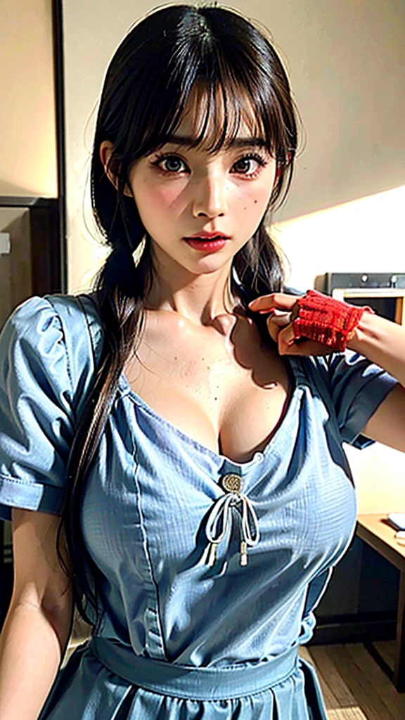 (masterpiece:1.3), (8K, Photorealistic, Raw photo, Best image quality: 1.4), Japanese schoolgirl、(Random Hairstyles:1.2)、Cleavage:1.2、Super detailed face、Attention to detail、double eyelid、Put your chest together、Sharp focus:1.2、Beautiful woman:1.4、Light brown hair、Highest quality、masterpiece、Ultra-high resolution、(Photorealistic:1.4)、, compensate, eye shadow, Thick eyelashes, Fantasy, Looking at the audience, spring ((Natural big breasts:1.2)),((Upper Body))