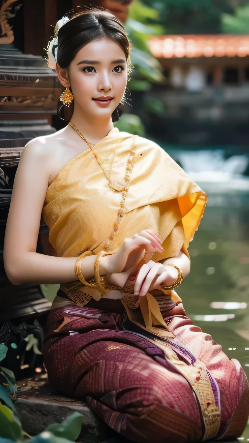 beautiful girl ,Thai women&#39;warrior, walking at thai measure, dynamic poses, Thai Chat Set, Strapless shirt, long hair,black eyes,abdominal muscles, plump body, rounded chest, (big breast:1.3), rift, morning sun, staring at the audience, (sexy poses), ((face details)), Double eyelids, that is finished, realistic, Masterpiece, Highest quality, lens flare, shade, old measure, measure, [[Chromatic aberration]], By Jeremy Lipking, By Antonio J... Manzanedo, digital painting, HDR, high contrast
