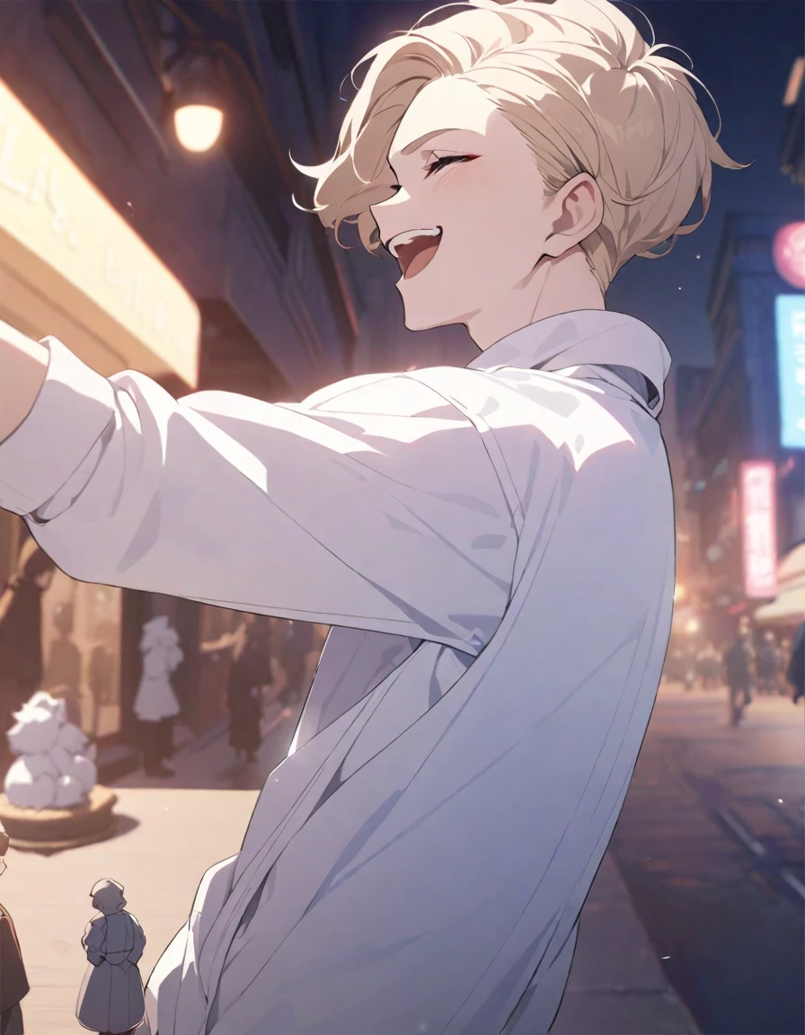 masterpiece，Highest quality，Super detailed，figure，Delicate and detailed，Intricate details，Cinematic Light，Highest qualityのバックライト，1 male, Short fluffy blonde hair, head tilted back, smile, Handsome, Open your mouth, Smug eyes, cool illustration, Street style clothing, 
