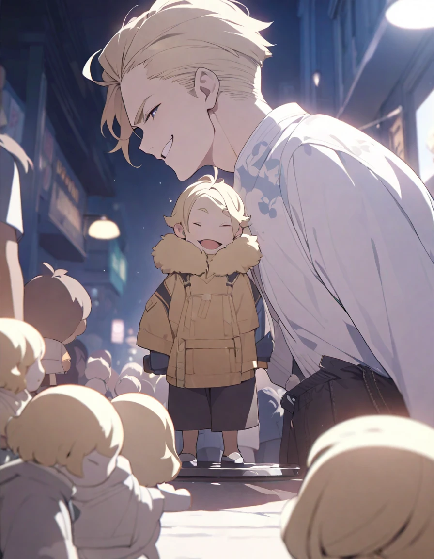 masterpiece,Highest quality,Super detailed,figure,Delicate and detailed,Intricate details,Cinematic Light,Highest qualityのバックライト,1 male, Short fluffy blonde hair, head tilted back, smile, Handsome, Open your mouth, Smug eyes, cool illustration, Street style clothing,