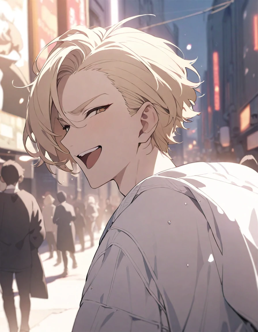 masterpiece，Highest quality，Super detailed，figure，Delicate and detailed，Intricate details，Cinematic Light，Highest qualityのバックライト，1 male, Short fluffy blonde hair, head tilted back, smile, Handsome, Open your mouth, Smug eyes, cool illustration, Street style clothing, 
