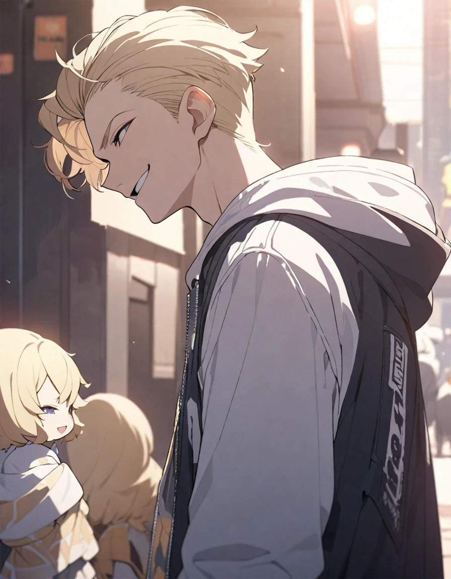 masterpiece，Highest quality，Super detailed，figure，Delicate and detailed，Intricate details，Cinematic Light，Highest qualityのバックライト，1 male, Short fluffy blonde hair, head tilted back, smile, Handsome, Open your mouth, Smug eyes, cool illustration, Street style clothing, 
