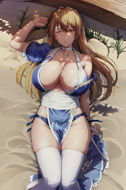 masterpiece, best quality, beautiful art, high resolution, well formed hands, body and fingers, 1 woman, solo, Hououji Akane, hair ornament, adult, grown up, big breasted, cleavage, full body, braided long hair, blue_japanese_clothes, wearing DOA Kasumi's blue kunoichi dress, sexy and skimpy japanese clothes, kimono peek, sleeveless, white stockings, gorgeous legs and thighs,ryona,in peril, she is defeated, knocked out, passed out, closed eyes, exhausted, unconscious, laying down on the sand, extended exposed body, full body on the sand, breathing heavily, sexy smirk on her face, bouncing breasts, sexy defeated pose, defeat and KO scene, fallen beauty, martial arts tournament with beach environment