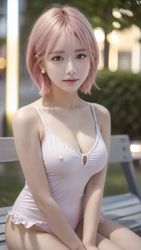 sitting on a park bench、lightly dressed、exposed、thin white shirt、(highest quality,masterpiece:1.3,超A high resolution,),(super detailed,caustics),(Photoreal:1.4,RAW shooting,)ultra-realistic capture,very detailed,High definition 16K for human skin、 Natural skin texture、、Skin looks even-toned and healthy、 Use natural light and color,one woman,Japanese,,cute,pink haired,middle hair,(Depth of the bounds written、chromatic aberration、、wide range of lighting、natural shading、)、(Outdoor lights during daytime:1.4)、(hair swaying in the wind:1)、short hair、Put on your ears、swimsuit