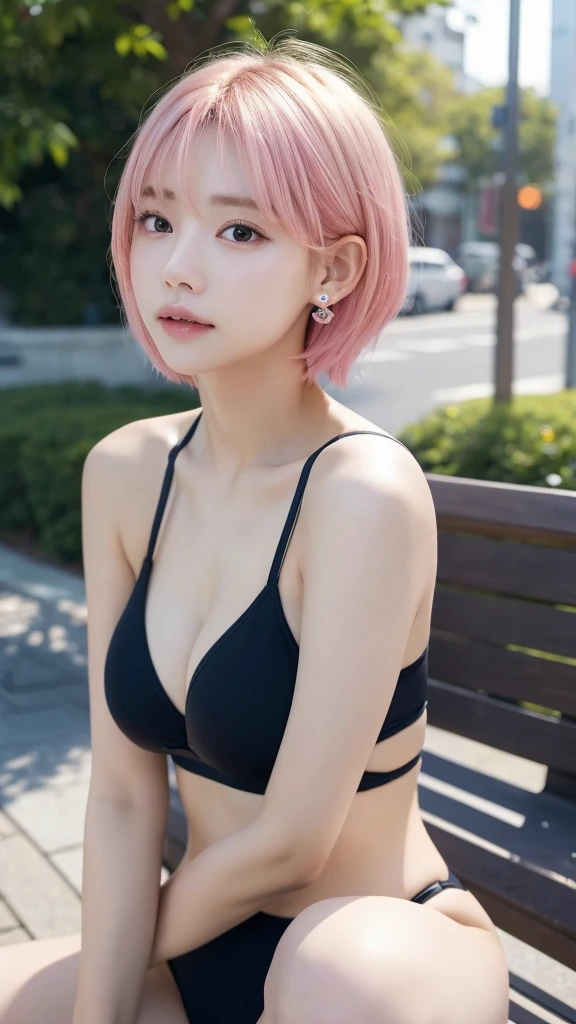 sitting on a park bench、lightly dressed、exposed、thin white shirt、(highest quality,masterpiece:1.3,超A high resolution,),(super detailed,caustics),(Photoreal:1.4,RAW shooting,)ultra-realistic capture,very detailed,High definition 16K for human skin、 Natural skin texture、、Skin looks even-toned and healthy、 Use natural light and color,one woman,Japanese,,cute,pink haired,middle hair,(Depth of the bounds written、chromatic aberration、、wide range of lighting、natural shading、)、(Outdoor lights during daytime:1.4)、(hair swaying in the wind:1)、short hair、Put on your ears、swimsuit