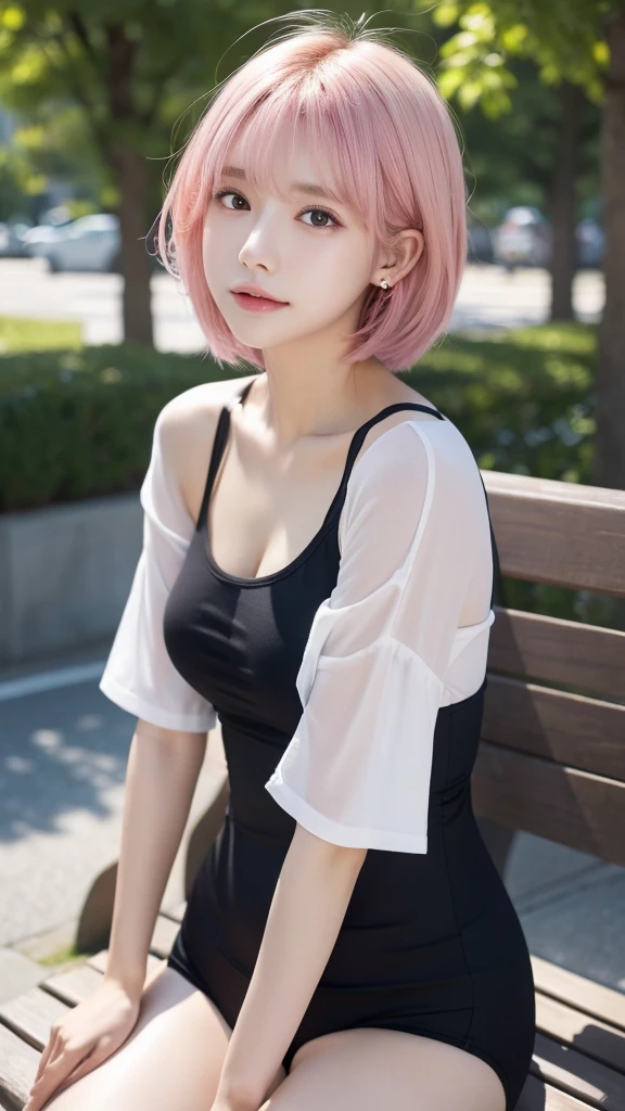 sitting on a park bench、lightly dressed、exposed、thin white shirt、(highest quality,masterpiece:1.3,超A high resolution,),(super detailed,caustics),(Photoreal:1.4,RAW shooting,)ultra-realistic capture,very detailed,High definition 16K for human skin、 Natural skin texture、、Skin looks even-toned and healthy、 Use natural light and color,one woman,Japanese,,cute,pink haired,middle hair,(Depth of the bounds written、chromatic aberration、、wide range of lighting、natural shading、)、(Outdoor lights during daytime:1.4)、(hair swaying in the wind:1)、short hair、Put on your ears、swimsuit