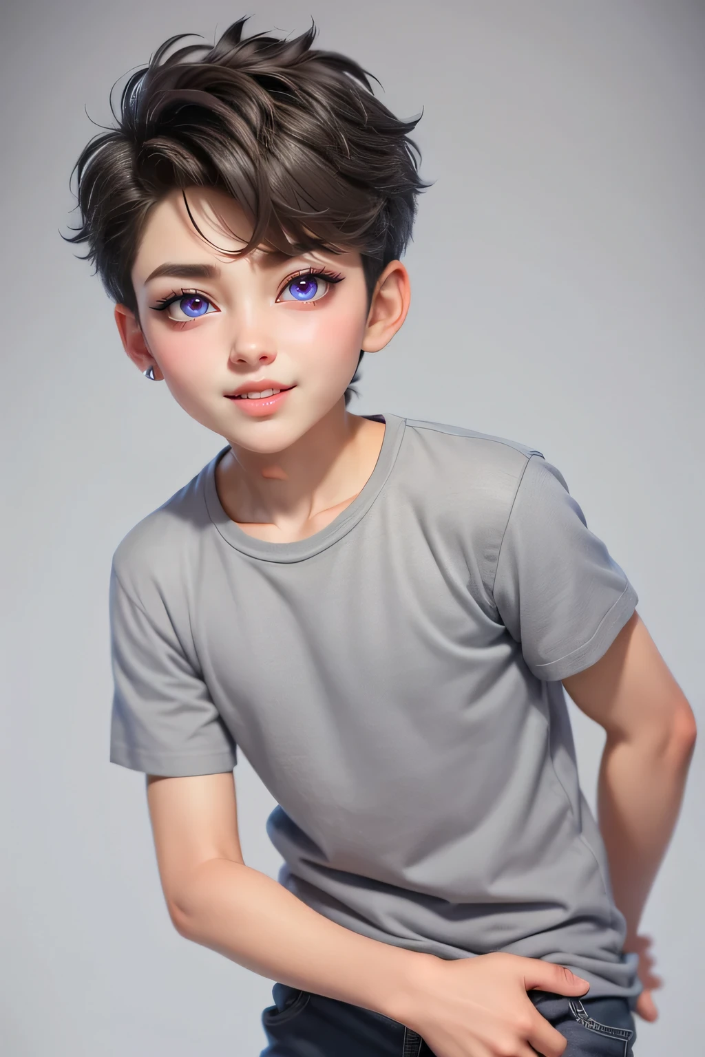 1 boy (10 yo) , ,, handsome face, random hairstyle, , seductive smile, grey casual
t shirt, short pants, gray background