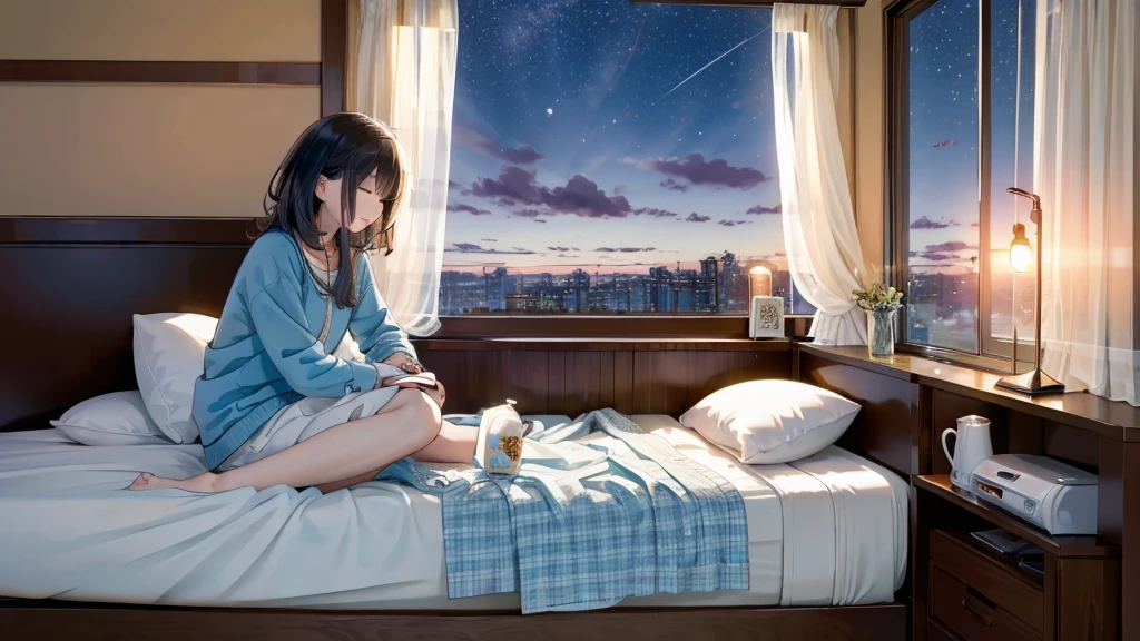 In a cozy space converted into a camper,A comfortable bed takes center stage。The bed is covered with a soft quilt,Makes you want to lie down and rest。There is a large window near the bed.,You can see the night view outside through the window。Twinkling stars dot the deep blue sky,The scene is very peaceful。
Several warm lights softly illuminate the interior of the car,Create a warm and cozy atmosphere。There was a cup of freshly brewed coffee on a small table next to the bed.,The aroma of coffee fills the air。There is also a small speaker next to the table.,Playing soft music。
A cute lazy kitten lying quietly on the bed,Admiring the night view outside through the window。Next to it is a soft quilt and a comfortable pillow,The whole picture looks particularly peaceful and beautiful。Every detail in the camper is full of the breath of life,Makes you feel extremely relaxed and happy