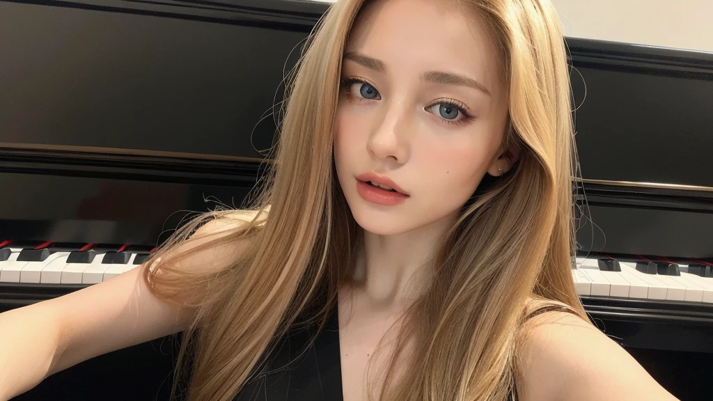 playing piano((best quality, 8k, masterpiece: 1.3)), ((beautiful russian woman)), 1 female, small breasts: 1.3, slim figure: 1.1, toned abs, Blonde semi-long hair, ), Super detailed face, Detailed lips, delicate eyes, double eyelids, Realistic photo