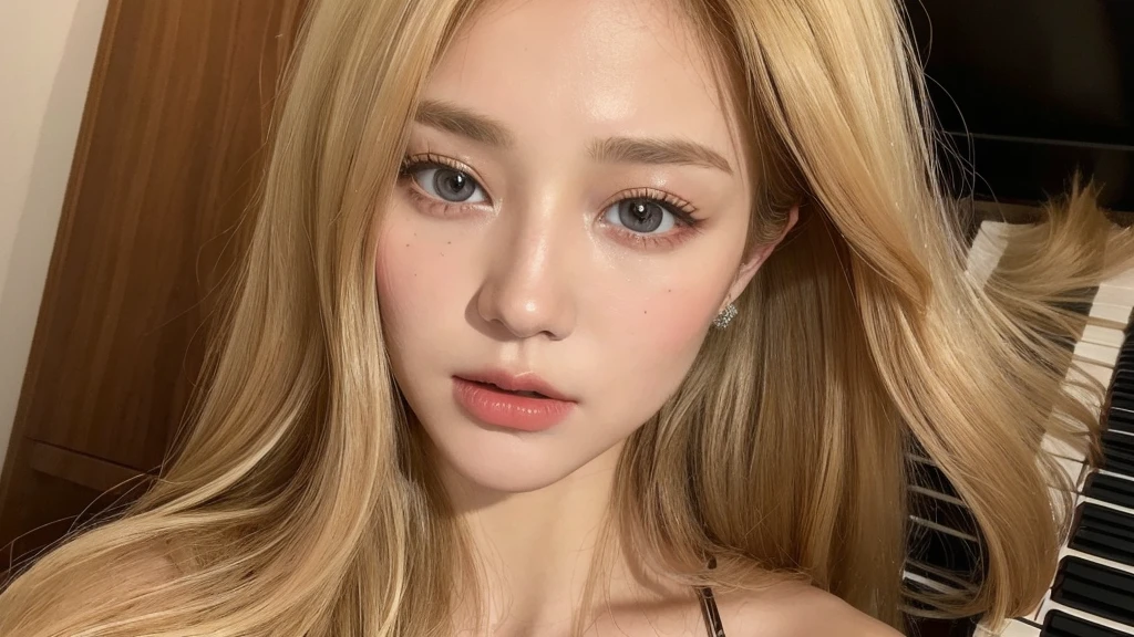playing piano((best quality, 8k, masterpiece: 1.3)), ((beautiful russian woman)), 1 female, small breasts: 1.3, slim figure: 1.1, toned abs, Blonde semi-long hair, ), Super detailed face, Detailed lips, delicate eyes, double eyelids, Realistic photo
