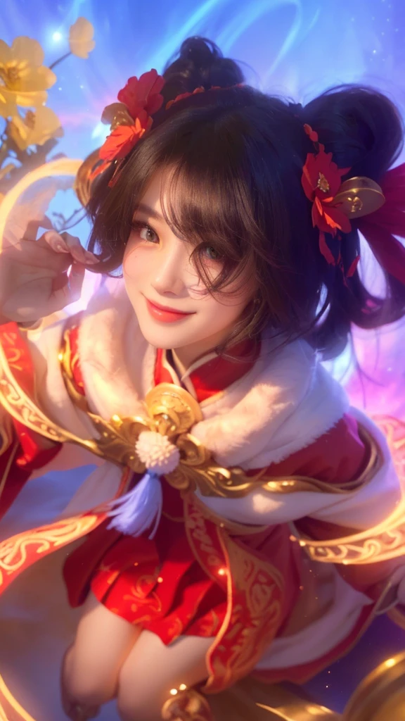 a kid in a red dress, close up, onmyoji portrait, beautiful celestial mage, extremely detailed facial features, piercing eyes, radiant smile, flawless porcelain skin, regal expression, intricate ornate headdress, flowing celestial robes, ethereal glowing energy, dramatic lighting, cinematic composition, vibrant saturated colors, digital painting, masterpiece, photorealistic, 8k, hyper detailed