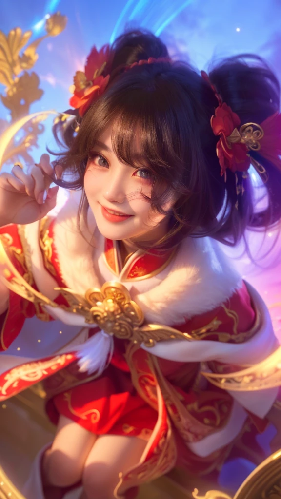 a ??? in a red dress, close up, onmyoji portrait, beautiful celestial mage, extremely detailed facial features, piercing eyes, radiant smile, flawless porcelain skin, regal expression, intricate ornate headdress, flowing celestial robes, ethereal glowing energy, dramatic lighting, cinematic composition, vibrant saturated colors, digital painting, masterpiece, photorealistic, 8k, hyper detailed