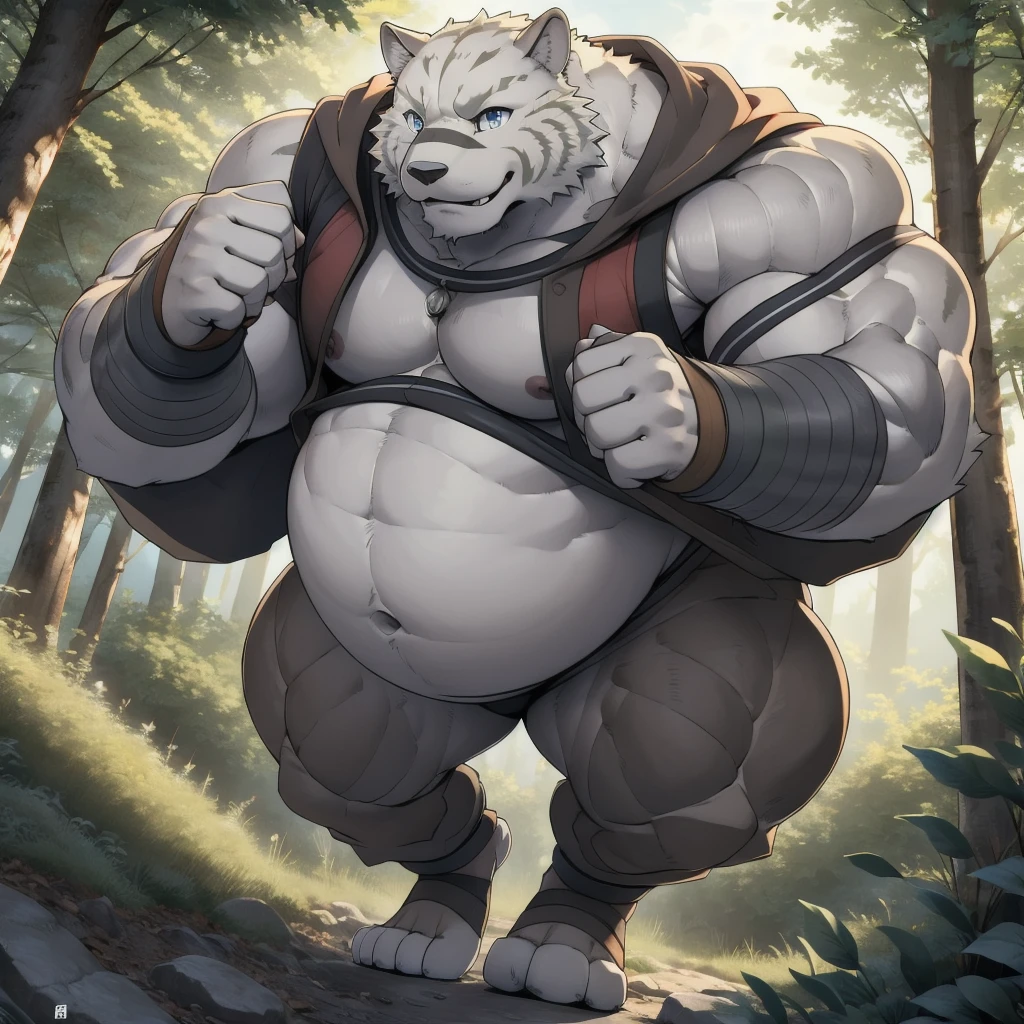 Animal kingdom Tank Hero Academia Shonen Anime style, full body image, Casual, neighborhood style, big obese , in sport clothes, He is a huge obese Sumo in huge obese weight gain process, detailed face, detailed eyes, detailed nose, defined face, big belly, high resolution settings, settings to fix face, high resolution settings, face fix settings, Whismical model, detailed eyes, detailed hands best quality,realistic lighting, male, anthro,muscular, muscular male, solo, bodily fluids, abs, pecs, muscular anthro, hi res, nipples, detailed background, forest, (yohei:1.2), (perfect eyes:1.2),white fur, (ultra detailed paws), Wearing a thong