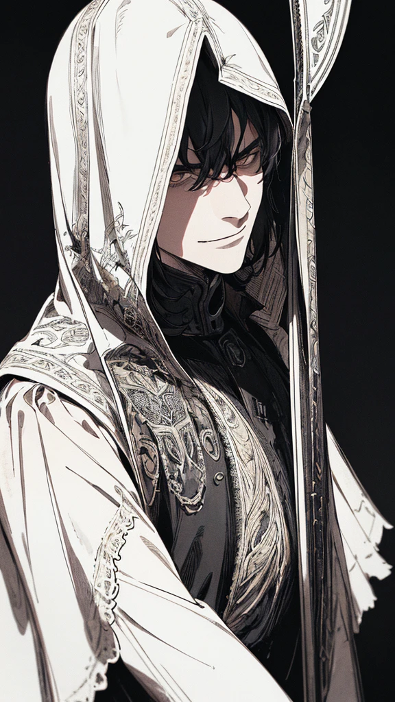 Best quality, (background_detail), high_contrast, detail_original_illustration, warrior, muscular, villain face, armored, full_body, medieval, crease between eyes, young man, man in 20s, dark_stitch_landscape, (dramatic_lighting:1. 25), (shaded_background:1.2), black_hair, (short black hair:) 1.1 ), Large figure, Delicate face, Evil smile, Sharp eyes, Black background, (Black background:1.5), Beautiful line drawing, Black and white