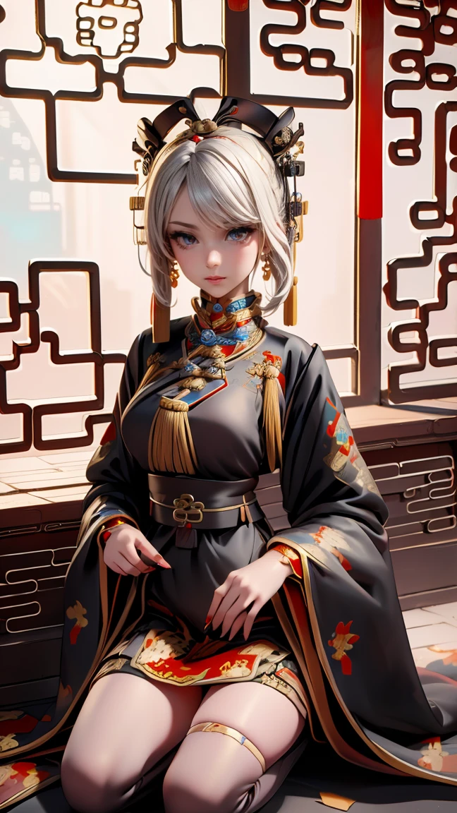 A very beautiful 19-year-old woman, (white hair:0,3), bob haircut, short hair, (yellow eyes:0.5) bright golden eyes, red nails, young beautiful face, muscular, slim but well-proportioned body, perfect white skin, highly detailed drawing, realistic face. (((Wearing traditional Chinese imperial clothes black:2))) ((red skirt with contour golden,)) (with red Hanafuda earrings,) (garterbelt black thigh-high socks.) Kneeling on a white bed in an ancient Chinese room, with a full moon and stars visible through the window, with light flashes reflecting on her body. 4k anime art, perfect lighting.
