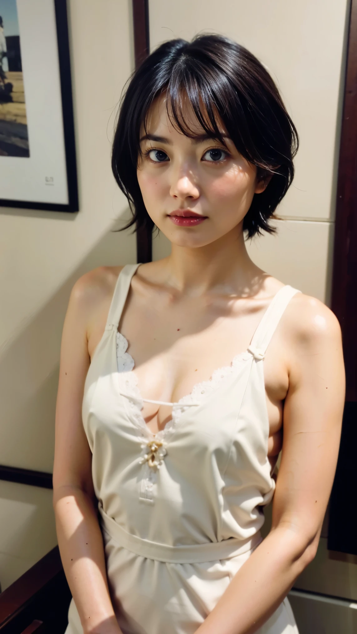 (8k、RAW Photos、highest quality、masterpiece:1.2)、(Realistic、Realistic)、1 Japanese girl、(((30 Years Old)))、(Short hair)、((Black Hair))、((White Lingerie))、((Petite Woman))、skeletally correct