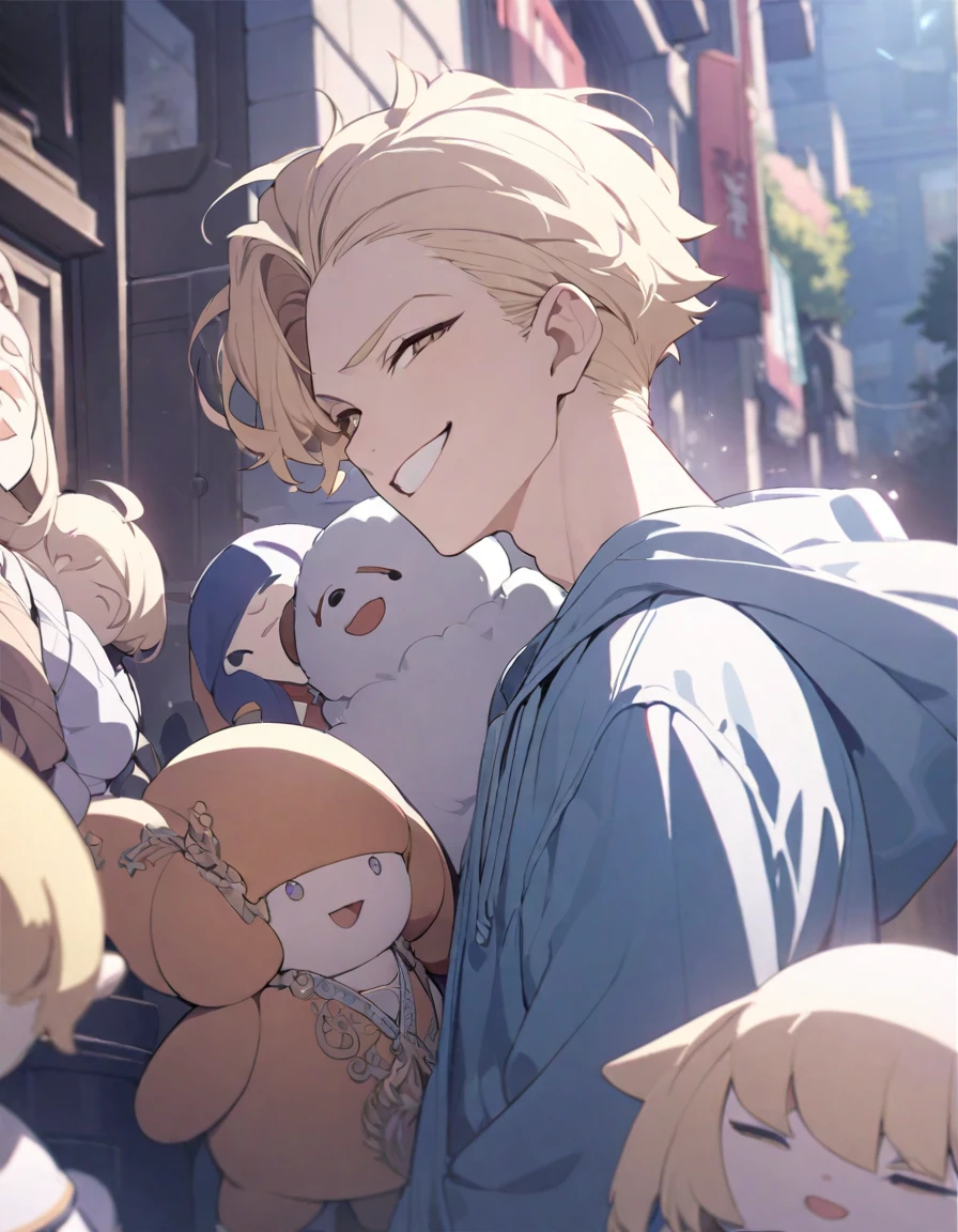 masterpiece,Highest quality,Super detailed,figure,Delicate and detailed,Intricate details,Cinematic Light,Highest qualityのバックライト,1 male, Short fluffy blonde hair, head tilted back, smile, Handsome, Open your mouth, Smug eyes, cool illustration, Street style clothing, I have a lot of stuffed toys