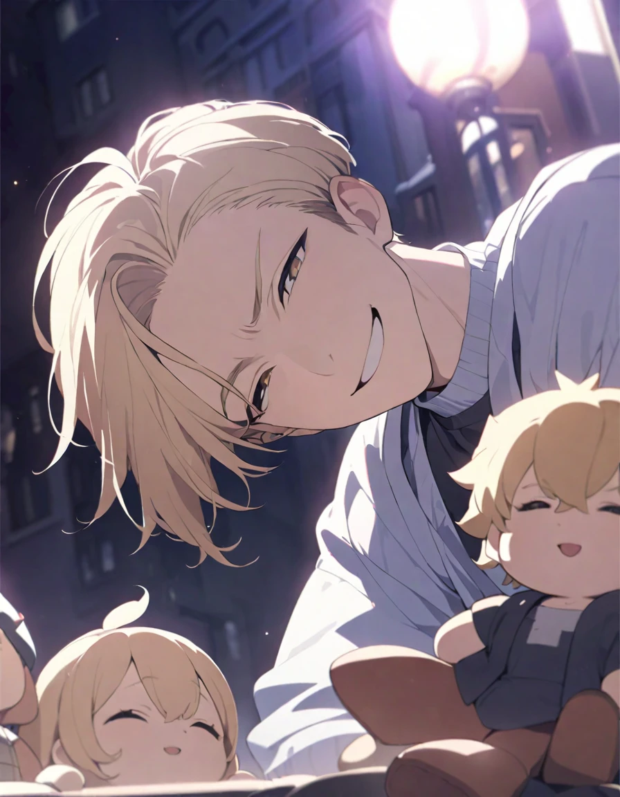 masterpiece,Highest quality,Super detailed,figure,Delicate and detailed,Intricate details,Cinematic Light,Highest qualityのバックライト,1 male, Short fluffy blonde hair, head tilted back, smile, Handsome, Open your mouth, Smug eyes, cool illustration, Street style clothing, I have a lot of stuffed toys