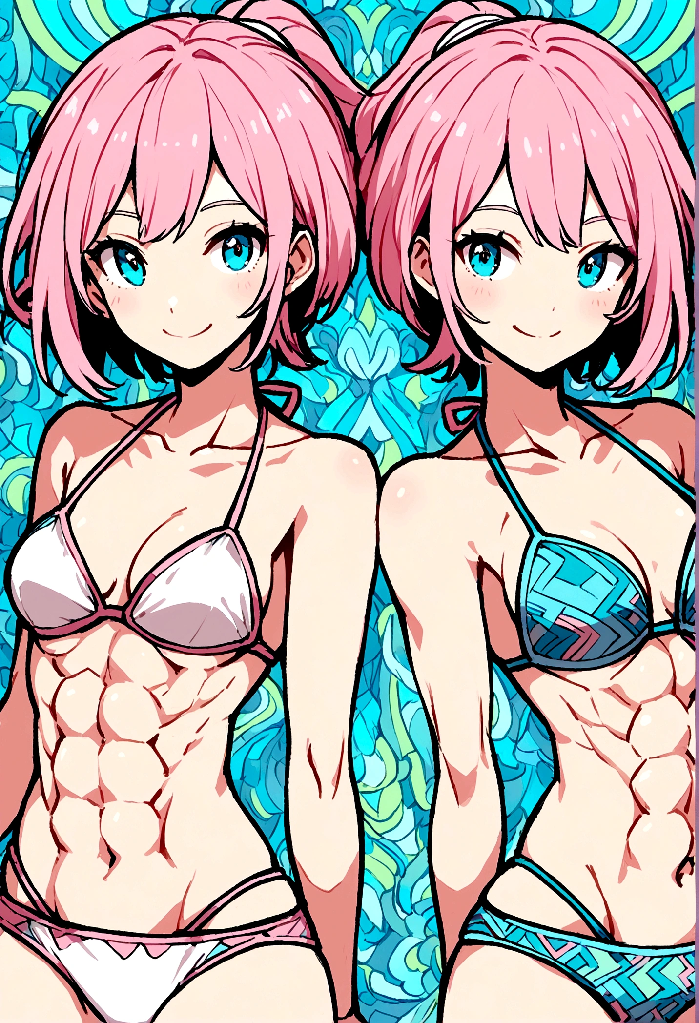 pink hair girl, short hair, no bangs, no bangs, smiling, bikini, abs