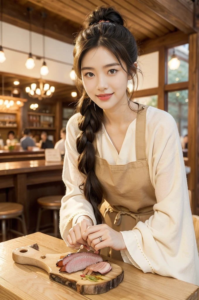 (((best quality))),(((ultra detailed))),(((masterpiece))),illustration,1girl, young, stunning, radiant complexion, mesmerizing eyes, cute apron, frilly, domesticity, playfulness, colorful patches, vegetables, cooking utensils, whimsical, slender figure, long flowing hair, ponytail, delicate features, gentle smile, perfectly aligned teeth, contentment, warmth, friendliness, vibrant atmosphere, bustling,BBQ restaurant, wooden panels, hanging plants, cozy, earthy feel, scent of sizzling meats, spices, patrons, tables, Meals, laughter, lively ambiance, gleaming wooden counter, checkout counter, assortment of bills, receipts, cash register, calm, collected, typing, Precision, simplicity, joy, hard work, hospitality, culinary delights