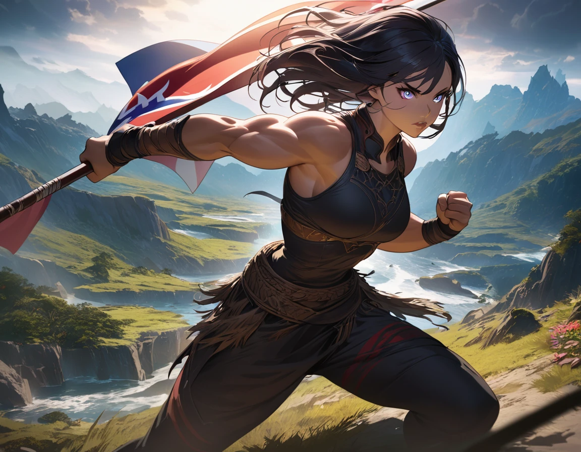 high quality, detailed anime girl, long dark hair, beautiful detailed eyes, beautiful detailed lips, extremely detailed face and features, fair skin, slim figure, muscular build, athletic, warrior outfit, holding philippine flag, determined expression, fighting stance, dramatic lighting, cinematic composition, vibrant colors, fantasy landscape background, epic scene, digital illustration, concept art