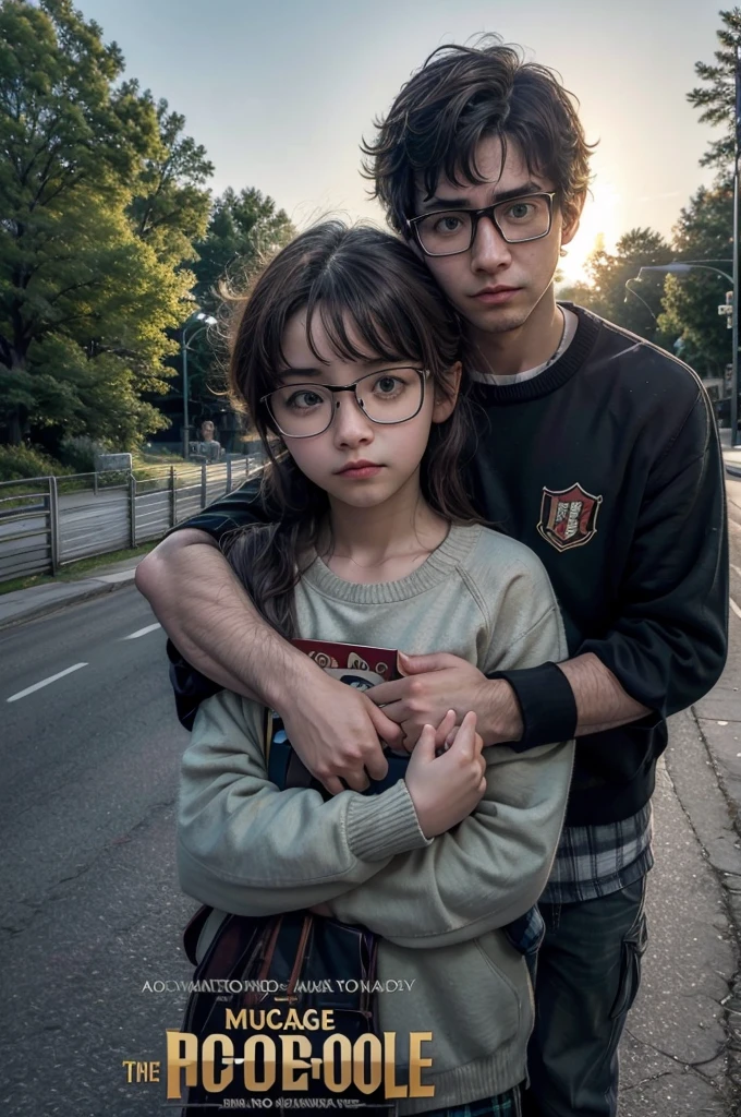 masterpiece in 8k, funny movie poster, boy genre, idiot boy wearing glasses hugs a girl, in the background of a park school building,A road bridge, in front of the movie title"Bookworm