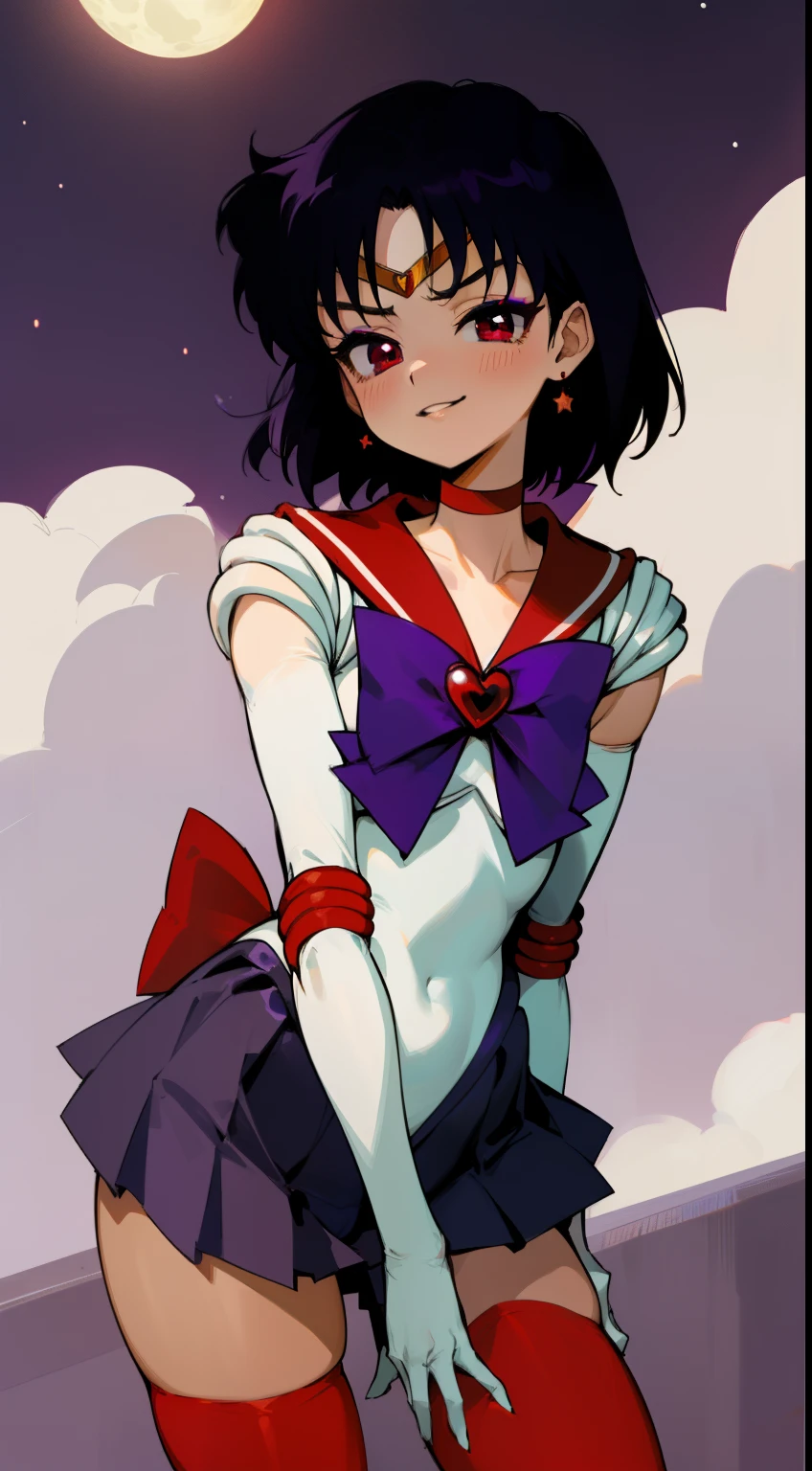 masterpiece, best quality, 1girl, solo, facing viewer, (art by Naoko Takeuchi), rooftop, skyline, night, fog, starry sky, full moon, bishoujo senshi sailor moon BREAK EPsmSailorMars, red eyes, half-closed eyes, evil face, smirk, parted lips, dark skin, purple hair, short hair, full makeup, black eyeshadow, red lipstick, mascara , bow, bowtie, purple bow, purple bowtie, breasts, brooch, choker, elbow gloves, gem, gloves, heart, heart brooch,jewelry,red bow, red choker, red gemstone, red sailor collar, shirt, short sleeves, star (symbol), star choker, black gloves, black leotard, black shirt BREAK leotard, ultra miniskirt, pleated skirt, red skirt, thighhighs, corruption