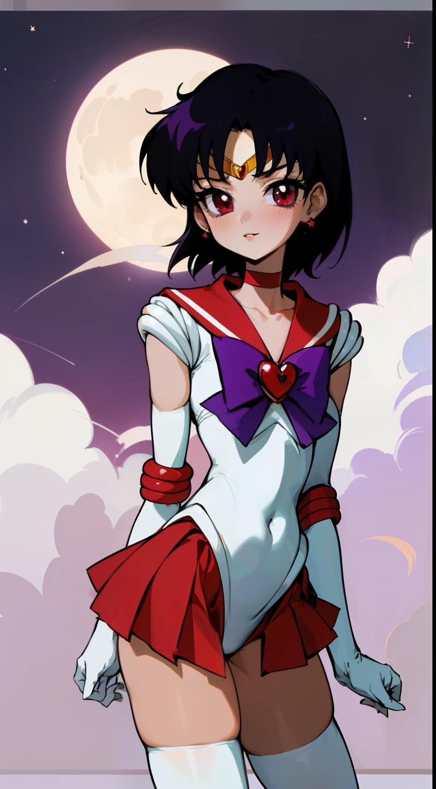 masterpiece, best quality, 1girl, solo, facing viewer, (art by Naoko Takeuchi), rooftop, skyline, night, fog, starry sky, full moon, bishoujo senshi sailor moon BREAK EPsmSailorMars, red eyes, half-closed eyes, evil face, smirk, parted lips, dark skin, purple hair, short hair, full makeup, black eyeshadow, red lipstick, mascara , bow, bowtie, purple bow, purple bowtie, , brooch, choker, elbow gloves, gem, gloves, heart, heart brooch,jewelry,red bow, red choker, red gemstone, red sailor collar, shirt, short sleeves, star (symbol), star choker, black gloves, black leotard, black shirt BREAK leotard, ultra miniskirt, pleated skirt, red skirt, thighhighs, corruption