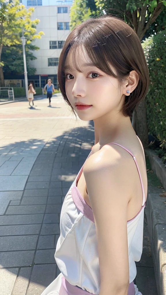 sitting on a park bench、lightly dressed、exposed、thin white shirt、(highest quality,masterpiece:1.3,超A high resolution,),(super detailed,caustics),(Photoreal:1.4,RAW shooting,)ultra-realistic capture,very detailed,High definition 16K for human skin、 Natural skin texture、、Skin looks even-toned and healthy、 Use natural light and color,one woman,Japanese,,cute,pink haired,middle hair,(Depth of the bounds written、chromatic aberration、、wide range of lighting、natural shading、)、(Outdoor lights during daytime:1.4)、(hair swaying in the wind:1)、short hair、Put on your ears、swimsuit