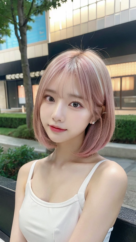 sitting on a park bench、lightly dressed、exposed、thin white shirt、(highest quality,masterpiece:1.3,超A high resolution,),(super detailed,caustics),(Photoreal:1.4,RAW shooting,)ultra-realistic capture,very detailed,High definition 16K for human skin、 Natural skin texture、、Skin looks even-toned and healthy、 Use natural light and color,one woman,Japanese,,cute,pink haired,middle hair,(Depth of the bounds written、chromatic aberration、、wide range of lighting、natural shading、)、(Outdoor lights during daytime:1.4)、(hair swaying in the wind:1)、short hair、Put on your ears、swimsuit