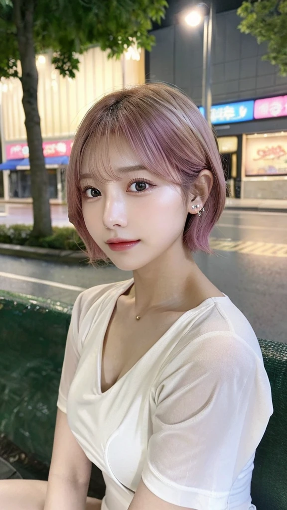 sitting on a park bench、lightly dressed、exposed、thin white shirt、(highest quality,masterpiece:1.3,超A high resolution,),(super detailed,caustics),(Photoreal:1.4,RAW shooting,)ultra-realistic capture,very detailed,High definition 16K for human skin、 Natural skin texture、、Skin looks even-toned and healthy、 Use natural light and color,one woman,Japanese,,cute,pink haired,middle hair,(Depth of the bounds written、chromatic aberration、、wide range of lighting、natural shading、)、(Outdoor lights during daytime:1.4)、(hair swaying in the wind:1)、short hair、Put on your ears、swimsuit