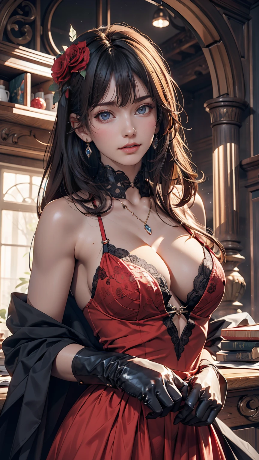 24 year old Caucasian female、blue eyes、Sexy proportions、Sexy、A mask used at masquerade balls that covers only the eyes、Bright red lipstick、Bewitching Smile、Wear a lace-embellished dress that reveals the décolletage、Put on long gloves、Long eyelashes、necklace、ring、