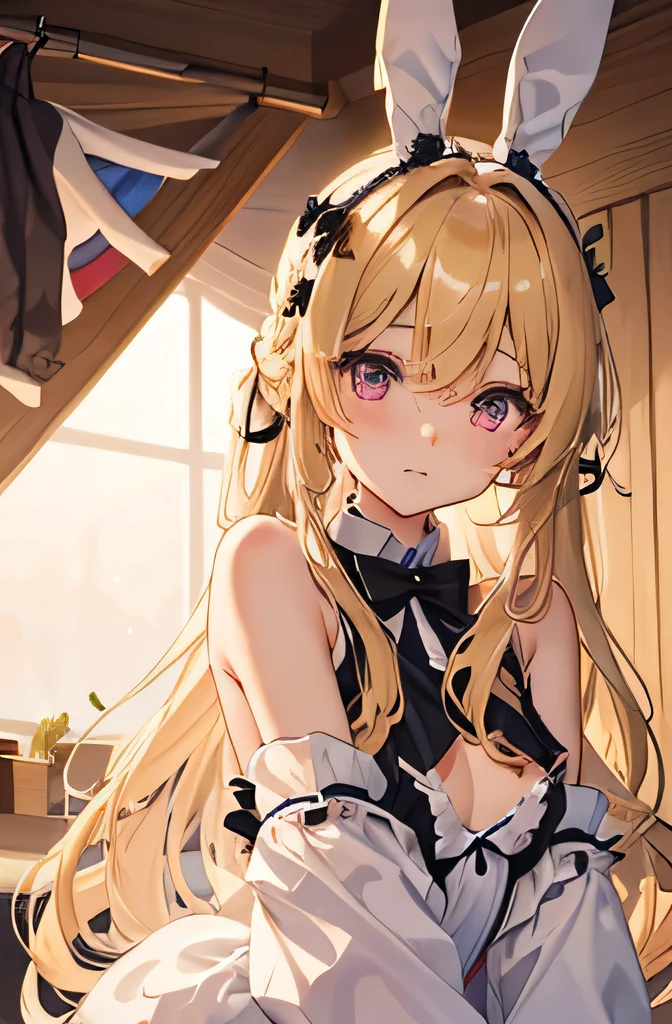 woman、Blonde、Long Hair、Hair tied on one side、Quiet personality、Bunny girl、Bunny Suit、Brown Skin、Long eyelashes、Touching your hair with your hands、